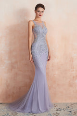 Prom Dress Black, Lilac Fitted Mermaid V-Neck Long Prom Dresses
