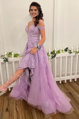 Lilac High Low Spaghetti Straps Lace Prom Dress