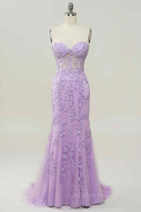 Bridesmaid Dresses By Color, Lilac Mermaid Strapless Lace-Up Tulle Applique Long Prom Dress