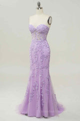 Bridesmaids Dresses By Color, Lilac Mermaid Strapless Lace-Up Tulle Applique Long Prom Dress
