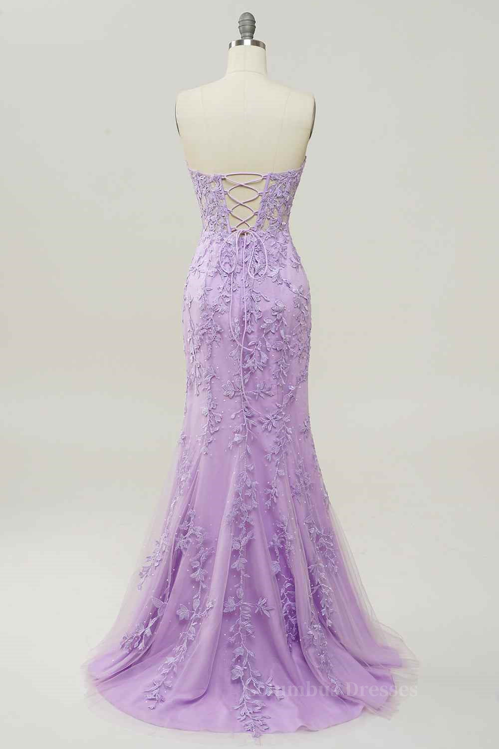 Bridesmaid Dress By Color, Lilac Mermaid Strapless Lace-Up Tulle Applique Long Prom Dress