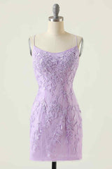 Dinner Dress Classy, Lilac Sheath Scoop Neck Lace-up Back Applique Mini Homecoming Dress