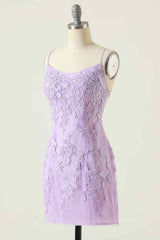 Fancy Outfit, Lilac Sheath Scoop Neck Lace-up Back Applique Mini Homecoming Dress