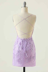 Party Dress Midi With Sleeves, Lilac Sheath Scoop Neck Lace-up Back Applique Mini Homecoming Dress