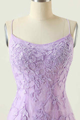 Strapless Prom Dress, Lilac Sheath Scoop Neck Lace-up Back Applique Mini Homecoming Dress