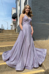 Lilac Spaghetti Straps Long Prom Dress with Pockets
