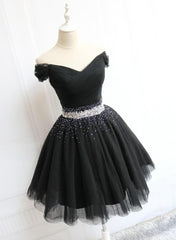 Evening Dresses With Sleeves, Little Black Homecoming Dress  Tulle Cute Short Formal Dress