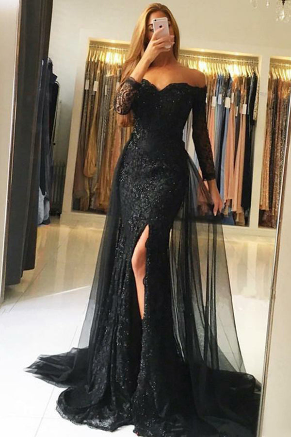 Prom Dress Websites, Black Tulle Mermaid Off-the-Shoulder Long Sleeves Prom Dresses with Lace Sequins
