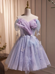 Evening Dresses Australia, Purple Tulle Knee Length Birthday Party Formal Dress, Off the Shoulder Purple Prom Dress