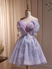 Evening Dresses Cocktail, Purple Tulle Knee Length Birthday Party Formal Dress, Off the Shoulder Purple Prom Dress