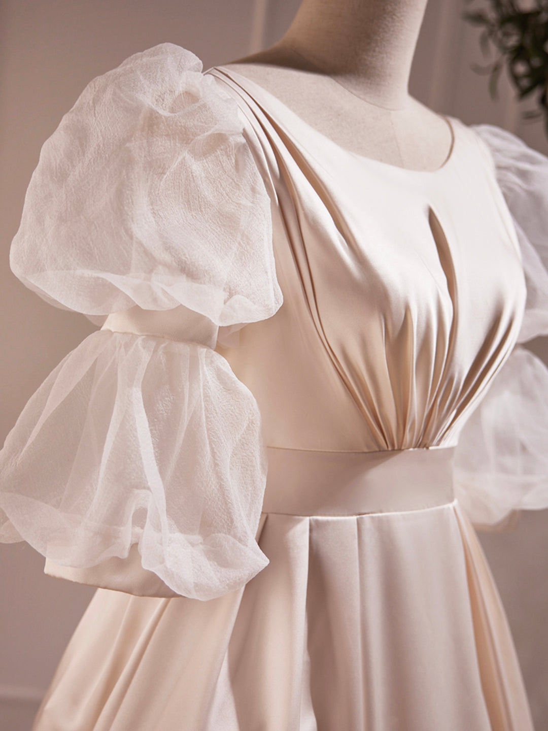 Prom Dress Idea, Beautiful Scoop Neck Tea Length Prom Dress, A-Line Puffy Short Sleeve Backless Party Dress