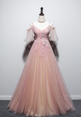 Homecoming Dresses Red, Pink V-Neck Lace Long Prom Dresses, A-Line Evening Dresses