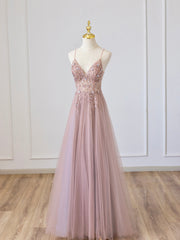 Homecomming Dress Long, Pink V-Neck Tulle Long Prom Dress with Beaded, Pink Spaghetti Strap Evening Dress