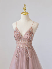 Homecoming Dresses 2036, Pink V-Neck Tulle Long Prom Dress with Beaded, Pink Spaghetti Strap Evening Dress