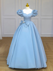 Evening Dresses Australia, Blue Satin Long Prom Dress with Bow, Blue A-Line Formal Evening Dress