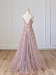Homecoming Dress 2029, Pink V-Neck Tulle Long Prom Dress with Beaded, Pink Spaghetti Strap Evening Dress