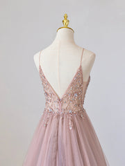 Homecoming Dresses Formal, Pink V-Neck Tulle Long Prom Dress with Beaded, Pink Spaghetti Strap Evening Dress