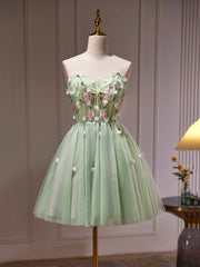 Party Dress, Green Tulle Beaded Party Dress, Green Short Prom Dress with Flowers