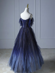 Homecoming Dress Shop, Blue Gradient Tulle Long Prom Dress, Beautiful Spaghetti Strap Evening Party Dress