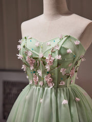 Graduation Dress, Green Tulle Beaded Party Dress, Green Short Prom Dress with Flowers