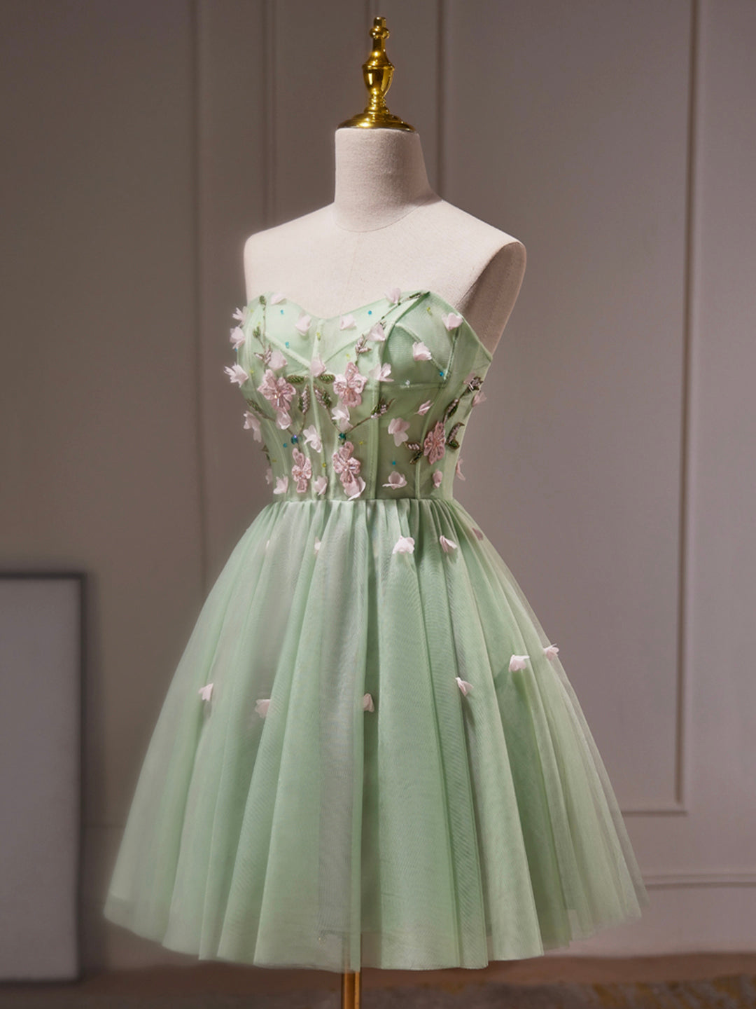 Green Prom Dress, Green Tulle Beaded Party Dress, Green Short Prom Dress with Flowers