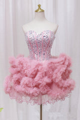 Prom Dresses Ball Gown, Pink Sweetheart Neckline Tulle Short Prom Dress with Rhinestones, Cute Party Dress