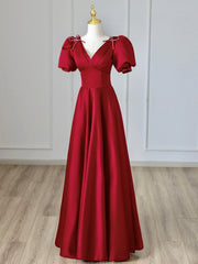 Party Dresses Classy, Burgundy V-Neck Satin Long Prom Dress, Burgundy Formal Evening Dress