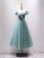 Prom Dresses For Black, Green Velvet Tulle Tea Length Prom Dress, Cute A-Line Party Dress with Lace
