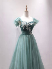 Prom Dress Shops Nearby, Green Velvet Tulle Tea Length Prom Dress, Cute A-Line Party Dress with Lace