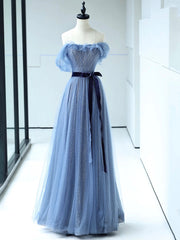 Formal Dresses Winter, Strapless Tulle Blue Floor Length Prom Dress, A-Line Blue Evening Party Dress