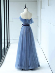 Formal Dress Winter, Strapless Tulle Blue Floor Length Prom Dress, A-Line Blue Evening Party Dress
