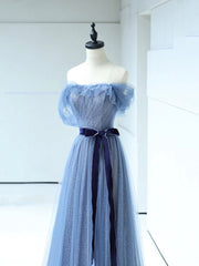 Formal Dress For Winter, Strapless Tulle Blue Floor Length Prom Dress, A-Line Blue Evening Party Dress