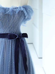 Formal Dresses For Winter, Strapless Tulle Blue Floor Length Prom Dress, A-Line Blue Evening Party Dress