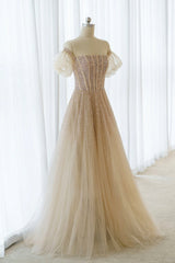 Prom Dress Long Formal Evening Gown, A-Line Tulle Beaded Long Prom Dress, Champagne Short Sleeve Evening Dress