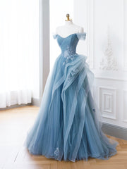 Formal Dresses For Girls, Blue Tulle Lace Long Formal Dress, A-Line Blue Evening Prom Dress