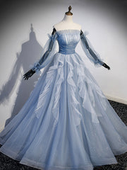 Long Dress Outfit, Blue Strapless Tulle Long Prom Dress, Chic A-Line Formal Dress with Long Sleeves