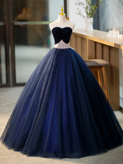 Formal Dresses To Wear To A Wedding, Blue Tulle Long Formal Dress with Velvet, Blue Sweetheart Neck Prom Dress