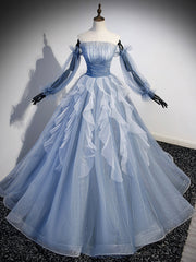 Dream Dress, Blue Strapless Tulle Long Prom Dress, Chic A-Line Formal Dress with Long Sleeves
