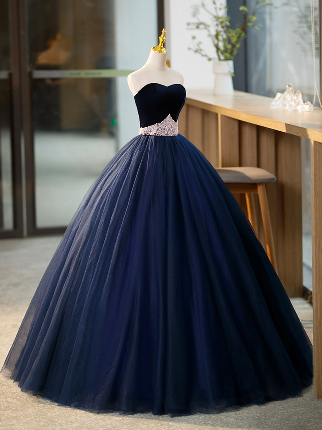 Formal Dresses Graduation, Blue Tulle Long Formal Dress with Velvet, Blue Sweetheart Neck Prom Dress