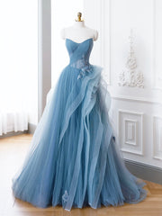 Formal Dresses For Weddings Mother Of The Bride, Blue Tulle Lace Long Formal Dress, A-Line Blue Evening Prom Dress