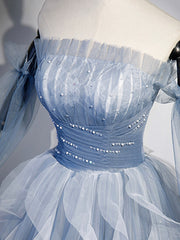 Elegant Dress For Women, Blue Strapless Tulle Long Prom Dress, Chic A-Line Formal Dress with Long Sleeves