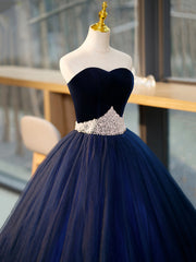 Formal Dress Inspo, Blue Tulle Long Formal Dress with Velvet, Blue Sweetheart Neck Prom Dress