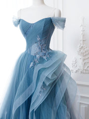 Formal Dresses With Sleeves For Weddings, Blue Tulle Lace Long Formal Dress, A-Line Blue Evening Prom Dress