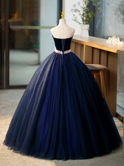 Formal Dresses And Evening Gowns, Blue Tulle Long Formal Dress with Velvet, Blue Sweetheart Neck Prom Dress
