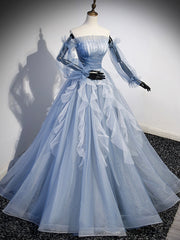 Long Formal Dress, Blue Strapless Tulle Long Prom Dress, Chic A-Line Formal Dress with Long Sleeves