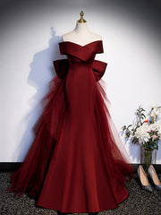 Party Dresses Casual, Burgundy V-Neck Satin Long Prom Dress, Mermaid Off Shoulder Evening Dress with Bow