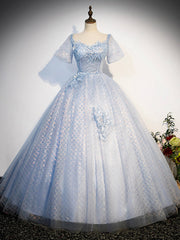 Formal Dress Attire For Wedding, Blue Tulle Lace Long Prom Dress, Shiny A-Line Short Sleeve Evening Dress