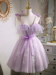 Prom Dress 2038, Lovely Spaghetti Strap Tulle Lace Short Prom Dress, Lavender A-Line Party Dress