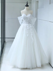 Formal Dresses Shops, White Tulle Lace Long Prom Dress with Corset, Off the Shoulder Sweetheart Evening Dress