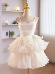 Formal Dress Style, White Tulle Sweetheart Short Prom Dress, White Tulle Straps Party Dress